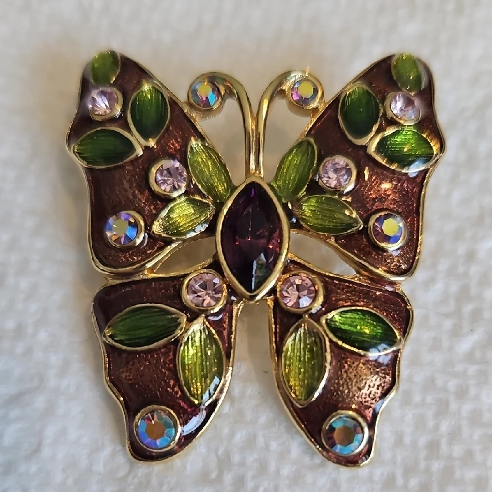 Vintage Liz Claibore Brooch Enameled, Rhinestones, Auroa Borealis, Gold Tone